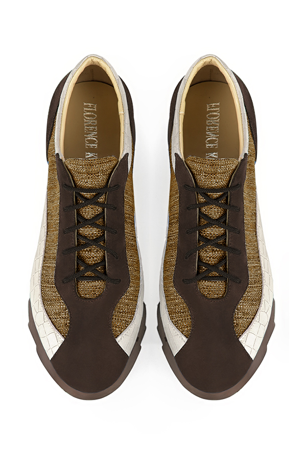 Dark brown, mustard yellow and off white women's three-tone elegant sneakers. Round toe. Low rubber soles. Top view - Florence KOOIJMAN